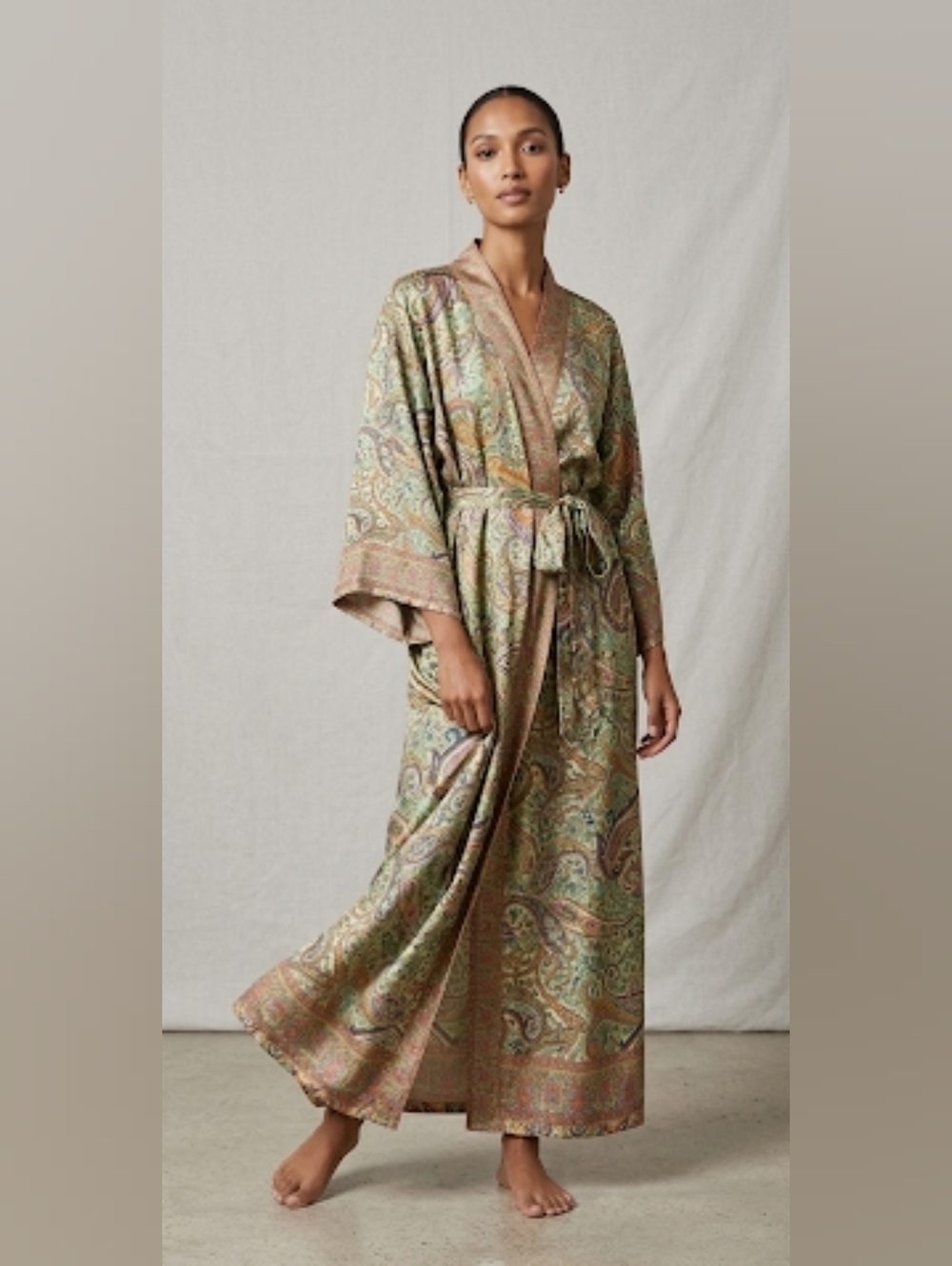 Silk , Light Green Paisley Kimono Wrap